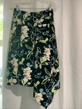 Merona Black Asymmetrical Floral Skirt with White, Blue, and Lime Print Y2K